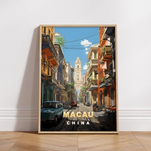 Cartel de viaje de Macao, Impresión digital de China, Arte de pared retro, Decoración de pared imprimible, Ciudades vintage de Asia, Descarga digital, Decoración de arte