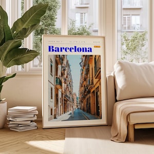 Poster di viaggio di Barcellona, stampa digitale Spagna, arte murale moderna, decorazione murale stampabile, città vintage, download digitale, arte