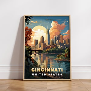 Póster de viaje de Cincinnati: Impresión artística retro del horizonte de EE. UU. (Descarga digital)