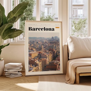 Poster di viaggio di Barcellona, stampa digitale Spagna, arte murale moderna, decorazione murale stampabile, città vintage, download digitale, arte