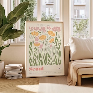 Marché aux fleurs de Séoul, Corée du Sud, art floral, art mural moderne, illustration botanique imprimable, téléchargement numérique