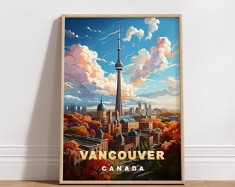 バンクーバー旅行ポスター：レトロなカナダのウォールアート（デジタルダウンロード）