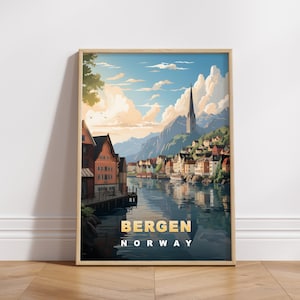 Cartel de viaje de Bergen, Impresión digital de Noruega, Arte de pared retro, Decoración de pared imprimible, Ciudades de Europa vintage, Descarga digital, Decoración de arte