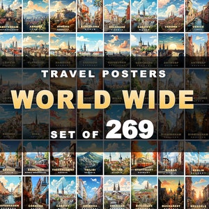 269 World Wide Travel Poster Pack, Digitaldruck, Retro Wandkunst, druckbare Wanddekoration, Vintage World Wide Städte, digitaler Download, Kunst