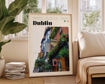 Póster de viaje de Dublín, impresión digital de Irlanda, arte mural moderno, decoración de pared imprimible, ciudades antiguas, descarga digital, arte