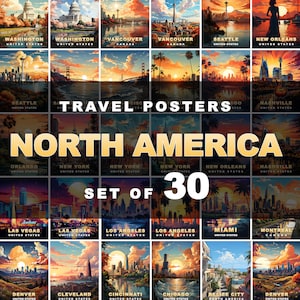 北米旅行ポスター 30 枚パック、デジタル印刷、レトロな壁アート、印刷可能な壁装飾、ビンテージ北米都市、デジタルダウンロード