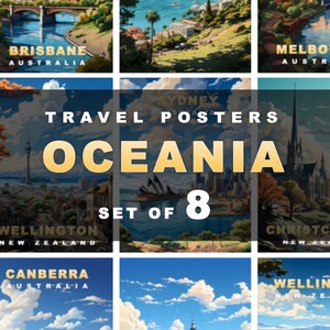 8 Oceanië reizen posters Pack, digitale print, retro Wall Art, afdrukbare wand decor, vintage Oceanië steden, digitale download, kunst