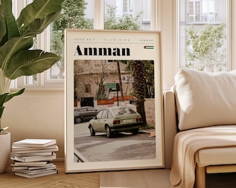 Póster de viaje de Ammán, impresión digital de Jordania, arte de pared moderno, decoración de pared imprimible, ciudades antiguas, descarga digital, arte