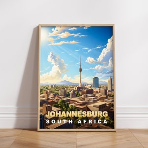 May include: A vintage travel poster featuring a cityscape of Johannesburg, South Africa. The poster has a blue sky with white clouds and a tall tower in the center. The text "Johannesburg" and "South Africa" is at the bottom of the poster.