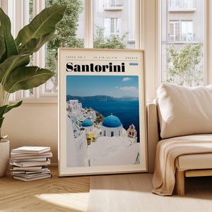 Póster de viaje de Santorini, impresión digital de Grecia, arte mural moderno, decoración de pared imprimible, ciudades antiguas, descarga digital, arte