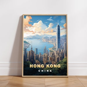 Hong Kong Travel Poster, China Digital Print, Retro Wall Art, Printable Wall Decor, Vintage Asia Cities, Digital Download, Art Decoration