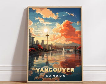 バンクーバー旅行ポスター：レトロな北米都市アート（デジタルダウンロード）