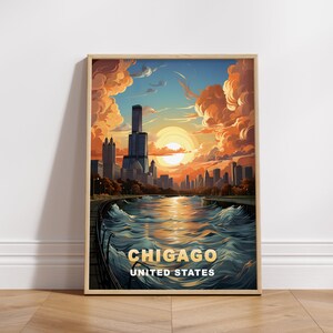 Chigago Travel Poster, United States Digital Print, Retro Wall Art, Printable Wall Decor, Vintage North America Cities, Digital Download