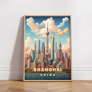 Cartel de viaje de Shanghai, impresión digital de China, arte de pared retro, decoración de pared imprimible, ciudades asiáticas vintage, descarga digital, decoración de arte