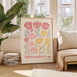 Mercado de flores de Milwaukee, EE. UU. Arte floral, arte mural moderno, ilustración botánica imprimible, descarga digital