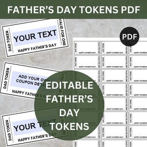 Peut inclure: Un PDF imprimable avec des jetons pour la fête des pères. Les jetons sont conçus avec un espace pour du texte personnalisé et les détails des coupons. La conception comprend les phrases "Dad Token", "Happy Father's Day" et "Valid for One."