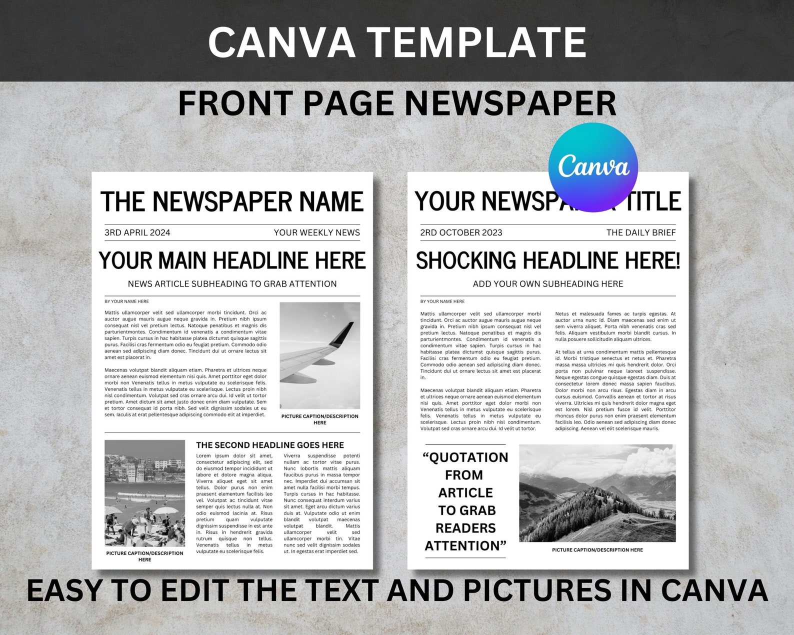 Editable Front Page Newspaper A4 Canva Template Editable Newspaper ...