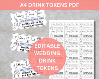 Drankkaartjes bruiloft - afdrukbare bartokens (bulk bewerkbare pdf, minimalistisch ontwerp)