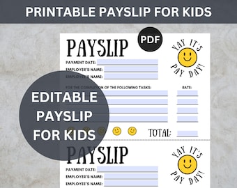 Editable Payslip for Kids, Printable Kids Paycheck, Kids Reward System, Chore Chart for Kid, Allowance Tracker, Pocket Money Payslip, A4 PDF