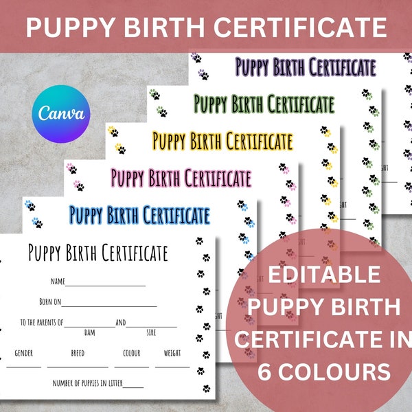 Editable Puppy Birth Certificate Canva Template Puppy Birth Certificate Printable Pet Puppy Certificate of Birth for Puppy Dog Breeders