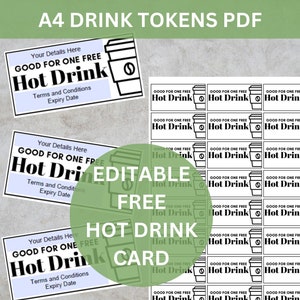 Carte de coupon pour une boisson chaude gratuite, Ticket pour une boisson chaude gratuit, Coupons pour un café, Ticket pour une boisson chaude gratuit, Jetons de boisson modifiables, Coupon de boisson imprimable