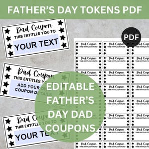 Peut inclure: Des bons-cadeaux de la fête des pères imprimables avec du texte modifiable. Chaque bon présente un motif d'étoile et les mots "Dad Coupon" et "This entitles you to." L'image comprend une icône de fichier PDF.