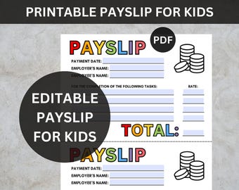 Editable Payslip for Kids, Printable Kids Pay Cheque, Chore Chart for Kid, Allowance Tracker, Pocket Money Payslip, Reward System for Kids