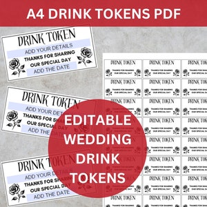 May include: Printable A4 PDF template for drink tokens with a black and white rose design. The text on the tokens reads "Drink Token" and "Thanks for sharing our special day".