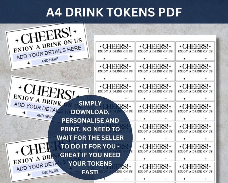 Personalised Big Ticket Style Free Drink Tokens For Weddings - 3 Designs, 10 Cards - Made In UK