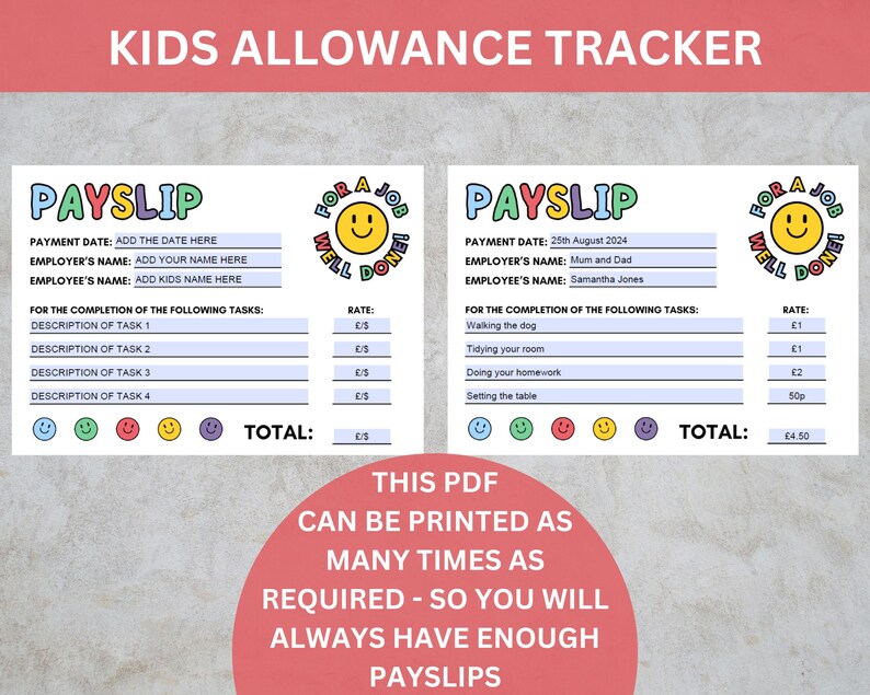 Editable Payslip for Kids, Printable Kids Paycheck, Kids Reward System ...