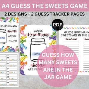 Op de afbeelding: A4 Raad de Snoepjes Game print met twee ontwerpen en gokvolgpagina's. De ontwerpen bevatten een potafbeelding met de tekst "Raad hoeveel snoepjes er in de pot zitten" en "Entreegeld". Kleurrijke snoepranden.