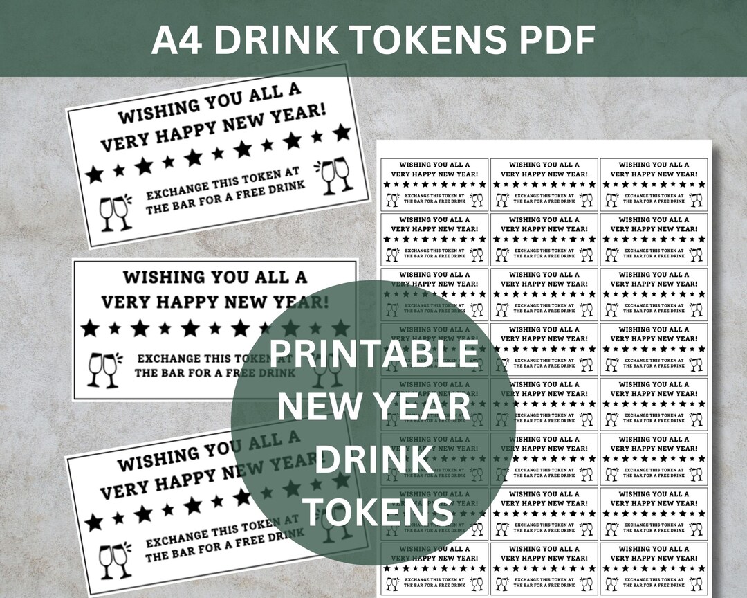 Printable New Year Drink Tokens, New Year Eve Party Ticket, Printable ...
