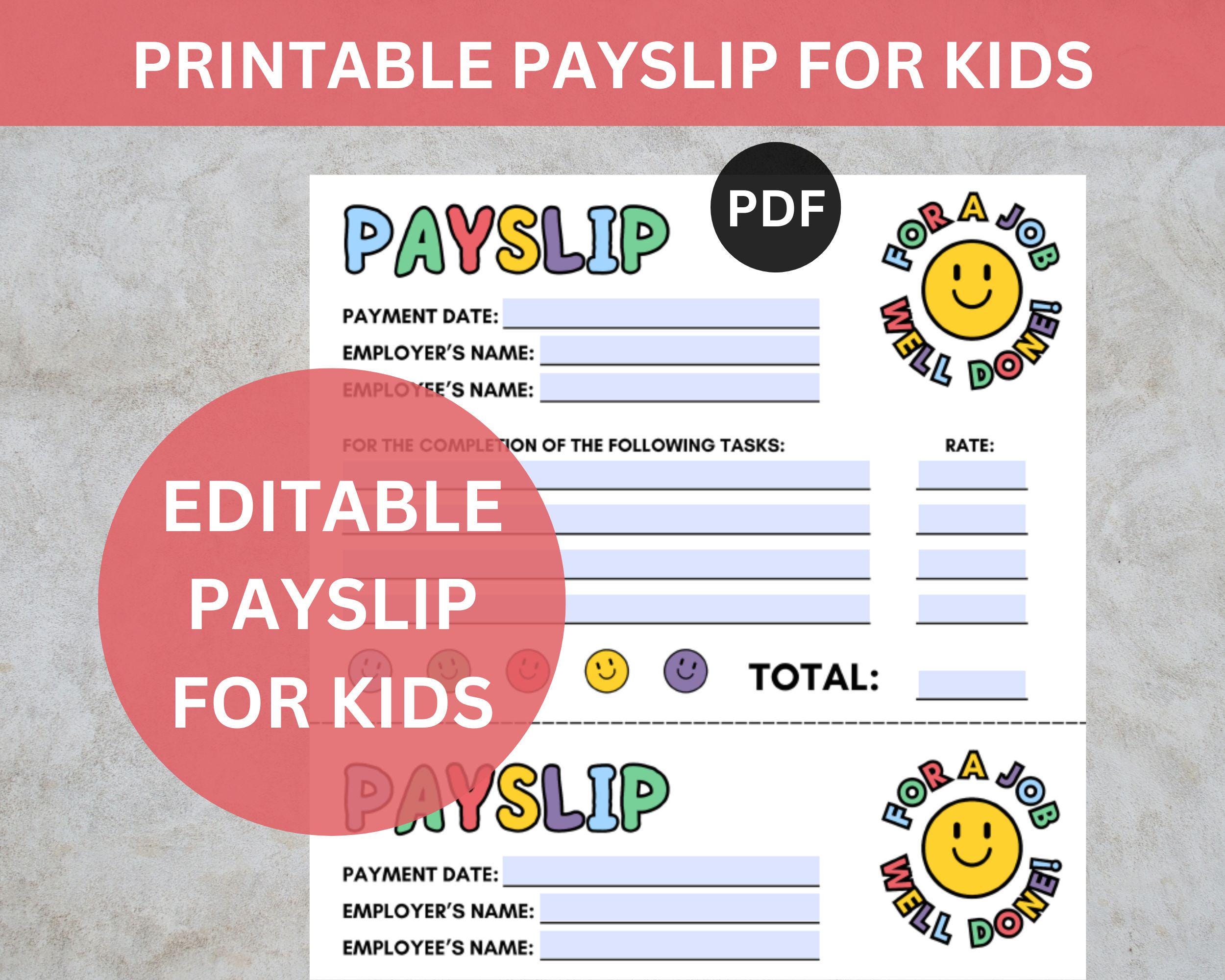 Editable Payslip for Kids, Printable Kids Paycheck, Kids Reward System, Chore Chart for Kid, Allowance Tracker, Pocket Money Payslip, A4 PDF