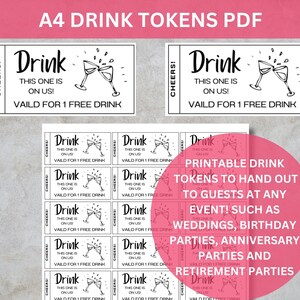 May include: Printable drink tokens with the text "Drink This One Is On Us!" and "Valid for 1 Free Drink". The tokens feature a black and white illustration of two clinking champagne glasses. The tokens are designed for events such as weddings, birthday parties, anniversary parties, and retirement parties.