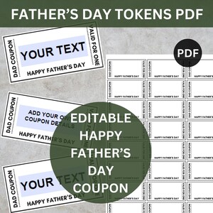 Peut inclure: Un PDF imprimable avec des bons pour la fête des pères. La conception comprend des coupons individuels avec un espace pour du texte personnalisé et une feuille de plusieurs coupons. Les coupons ont un fond blanc avec du texte noir et un graphique circulaire vert.