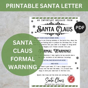 May include: A printable Santa letter with a formal warning message. The letter includes the text "Santa Claus" and "Formal Warning" in a festive design with snowflakes and decorative borders. A PDF icon is visible.