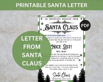 May include: A printable Santa letter with a green and white border. The letter includes the text "An Important Message From Santa Claus" and "Nice List!" with space for a child's name. A PDF icon is in the upper right.