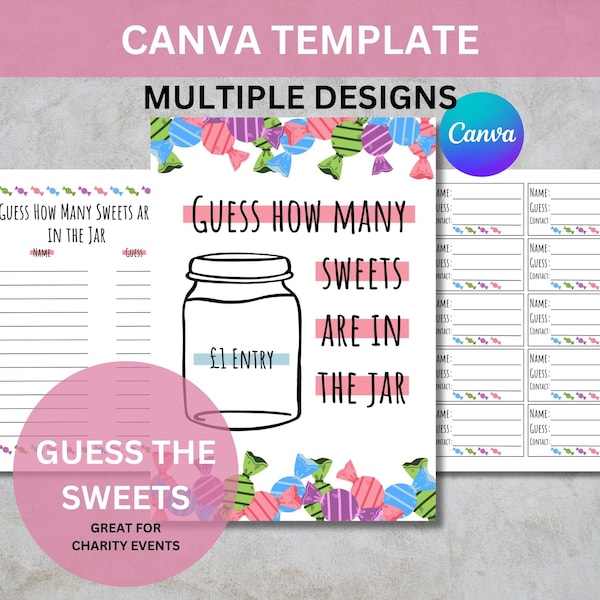 Guess How Many Sweets in the Jar, Guess How Many Sweets in the Jar Game, Charity Fundraising Game, Guess the Sweets Baby Shower Game, Canva