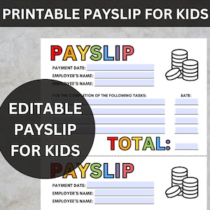Editable Payslip for Kids, Printable Kids Pay Cheque, Chore Chart for ...