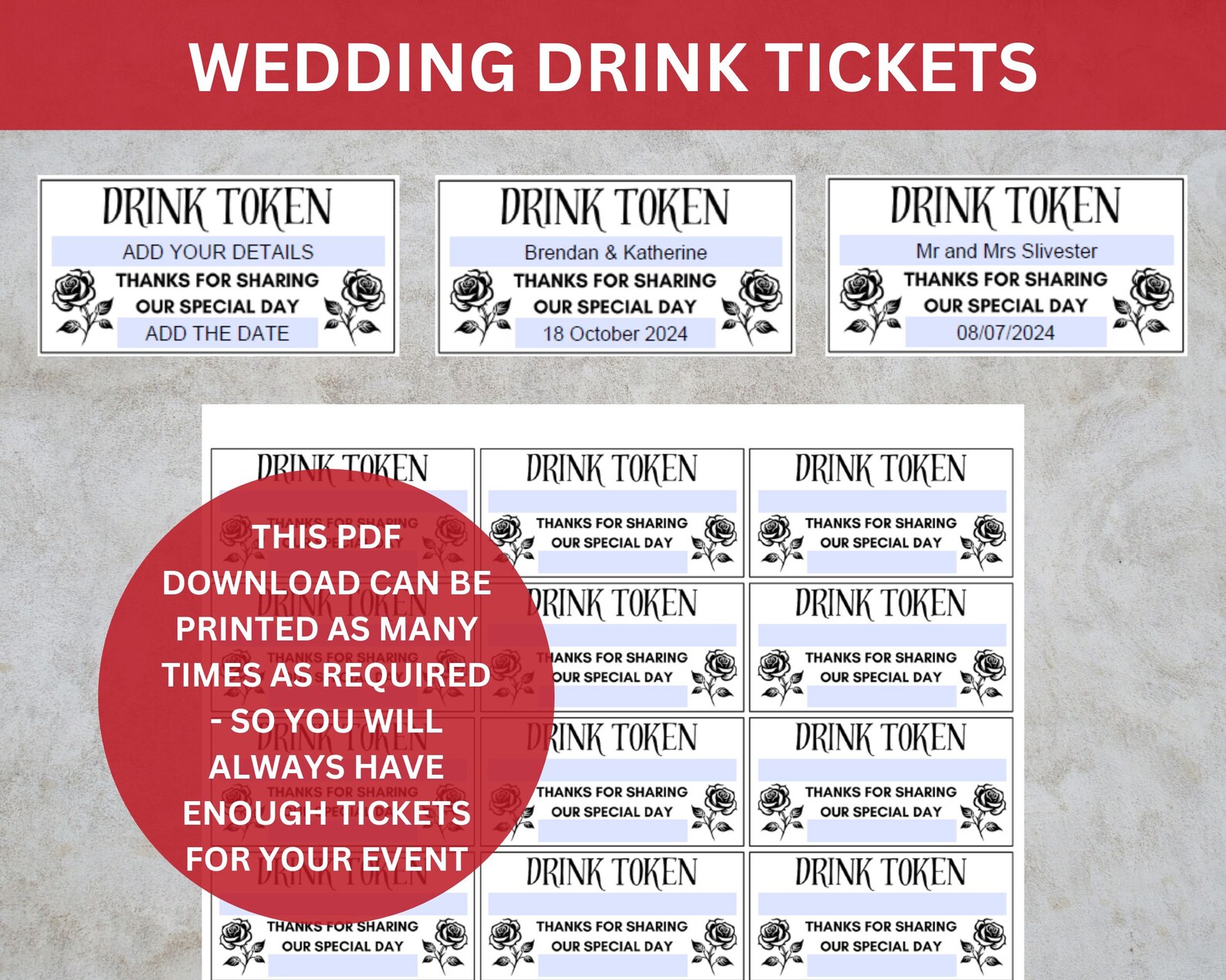 Editable Wedding Drink Tokens, Customisable Wedding Drink Token ...