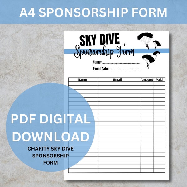 Sky Dive Printable Sponsorship Form - Printable PDF Download