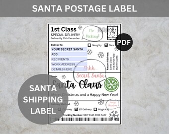 Peut inclure: Une étiquette postale du Père Noël avec du texte tel que "1st Class", "Special Delivery" et "Your Secret Santa". L'étiquette présente des flocons de neige, un timbre et les mots "Merry Christmas and a Happy New Year!"