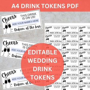 Ficha editable para bebida de boda, ticket para el bar de boda, ficha personalizable para el bar de boda, ficha personalizada para bebida gratis, cupón editable para bebida gratis