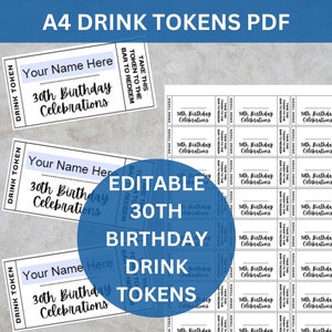 Customizable 30th Birthday Drink Tokens (Printable PDF)