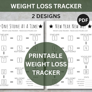 May include: Two printable weight loss trackers with the text "Weight Loss Tracker" at the top. One design is titled "One Stone At A Time" and the other is "New Year New Me!" Both have a numbered progress chart.
