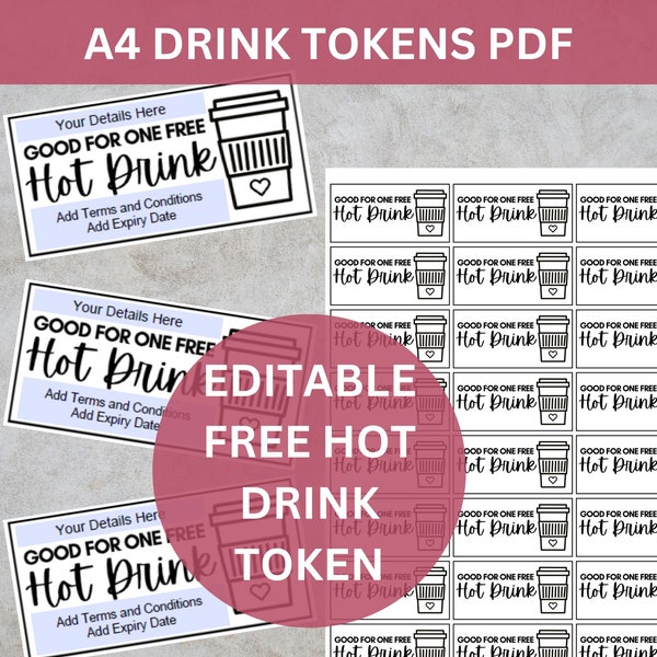 Free Coffee Card, Free Coffee Ticket, Coffee Shop Vouchers, Free Hot Drink Token, Personalised Free Drink Ticket, Printable Drink Voucher