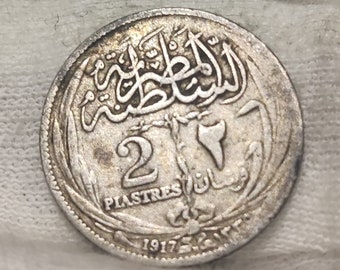 Ägypten 2 Piastres 1917, alte Ägypten Silber Münze, Vintage Münze, Münze aus der Welt, Afrika Münze, Münzsammeln, Numismatische, authentische alte Münze.