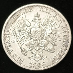 German empire Prussia 1 vereinsthaler, 1866,  Victory in the Austro-Prussian War, very good quality coin, collector coins, vintage gift.
