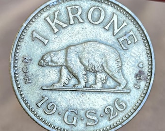Greenland 1 Krone, 1926, LOW MINTAGE, rare coin, old denmark coin, polar bear,circulation coin, antique coin, collectibles, numismatic