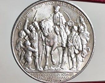 German Empire 2 mark, 1913 100th Anniversary - Declaration of the War against France, silver old coin, collectibles, silver 900, old vintage
